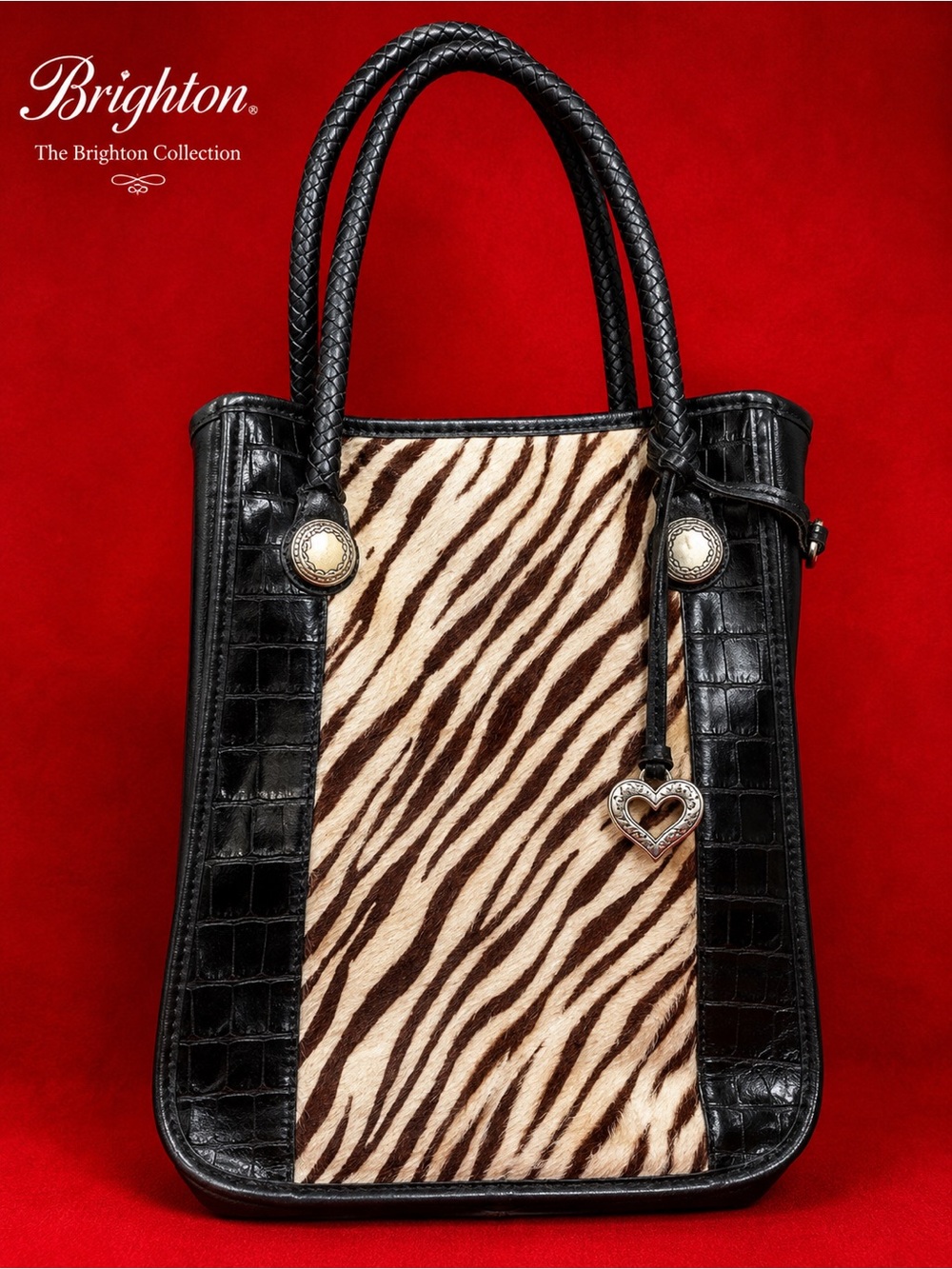Brighton Black and Brown Zebra Haircalf Tote with Heart Charm